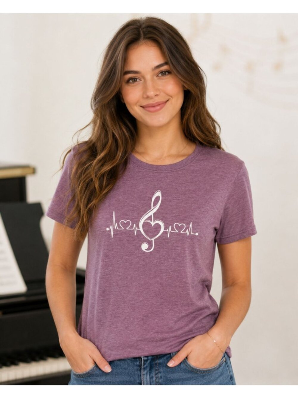 Music Heartbeat Tee Womens XL Heathered Purple Treble Clef Heart Shirt